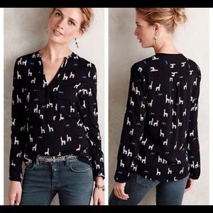 Anthropologie Black Blouse with White and Blue Pattern